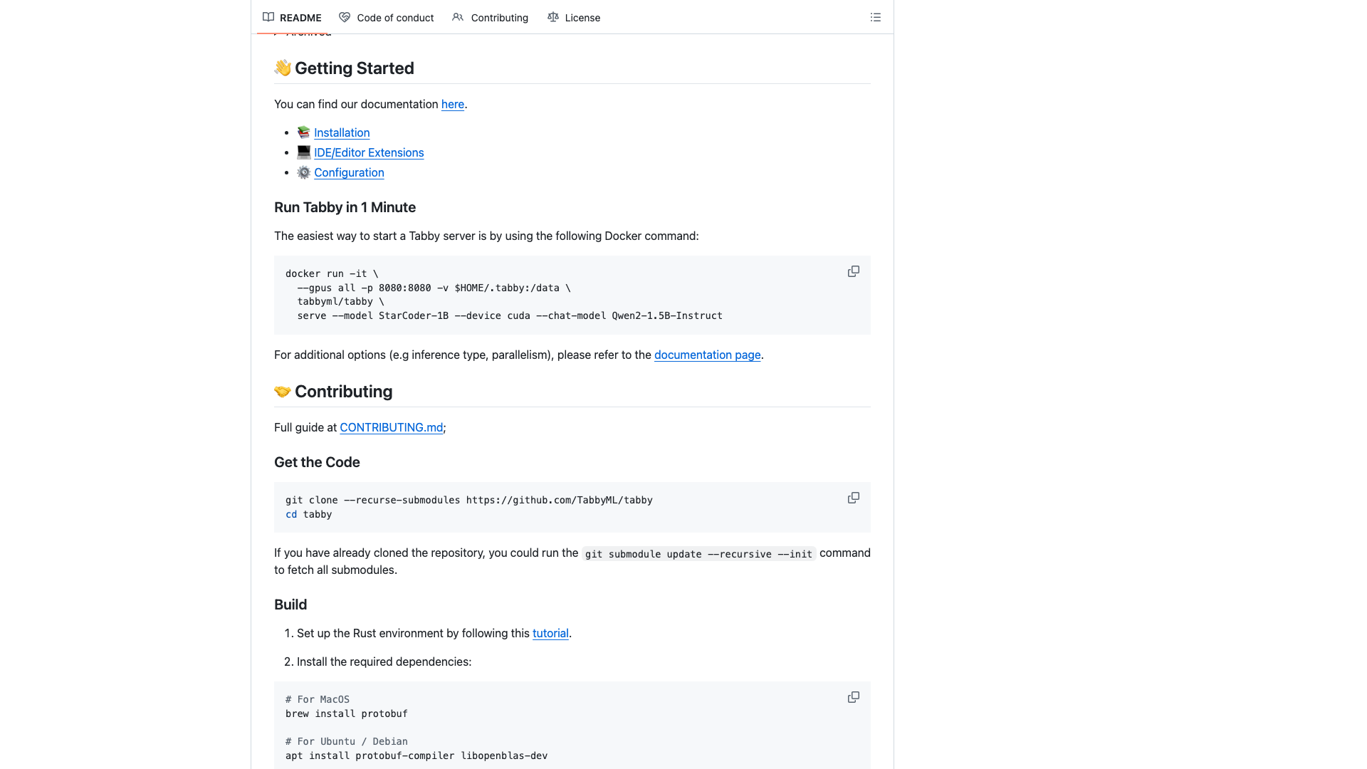 github.com · TabbyML/tabby Getting Started 与 Docker 起服区 2026-10-04