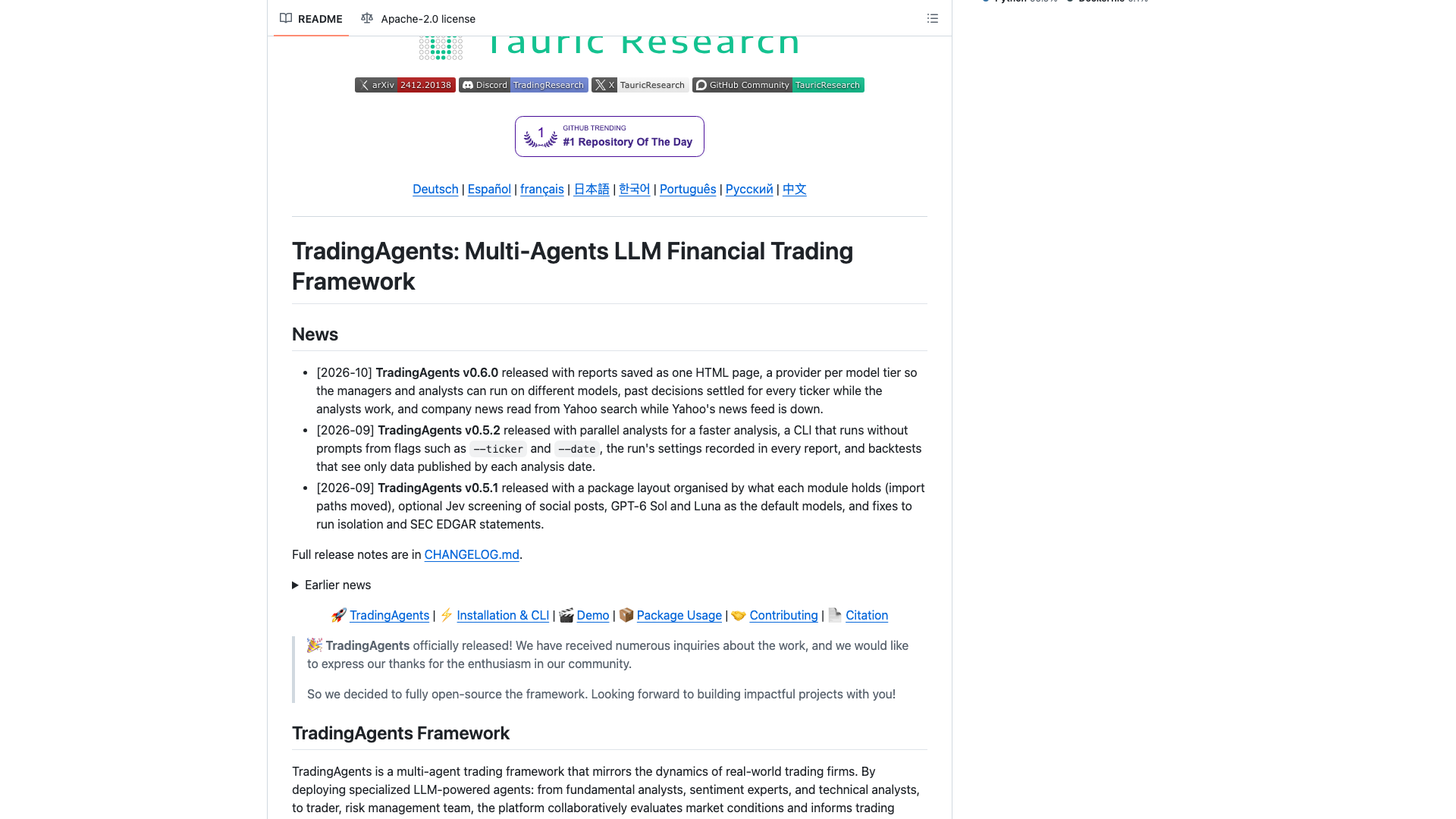github.com/TauricResearch/TradingAgents · README 开头与 News 版本线区 2026-10-04