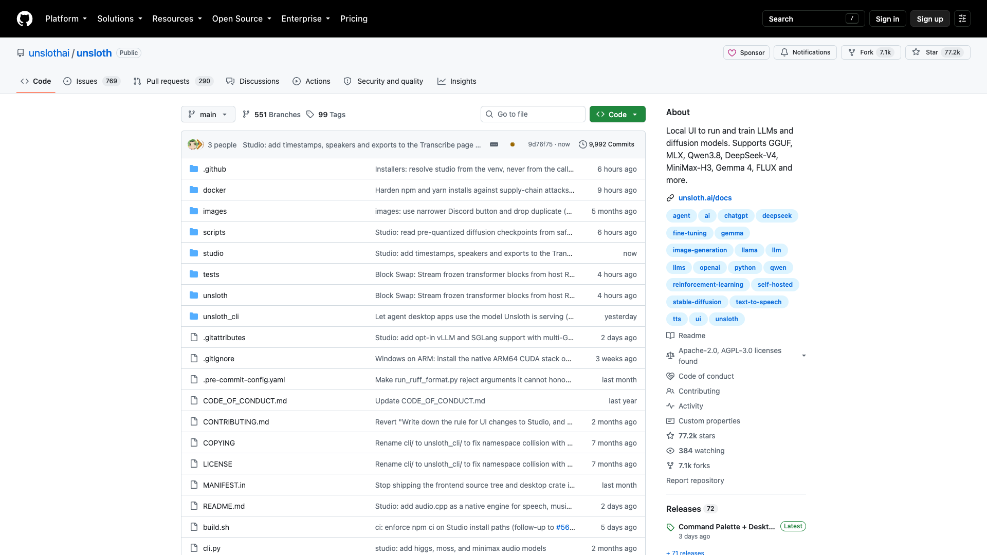 GitHub · unslothai/unsloth 仓库页 2026-10-05