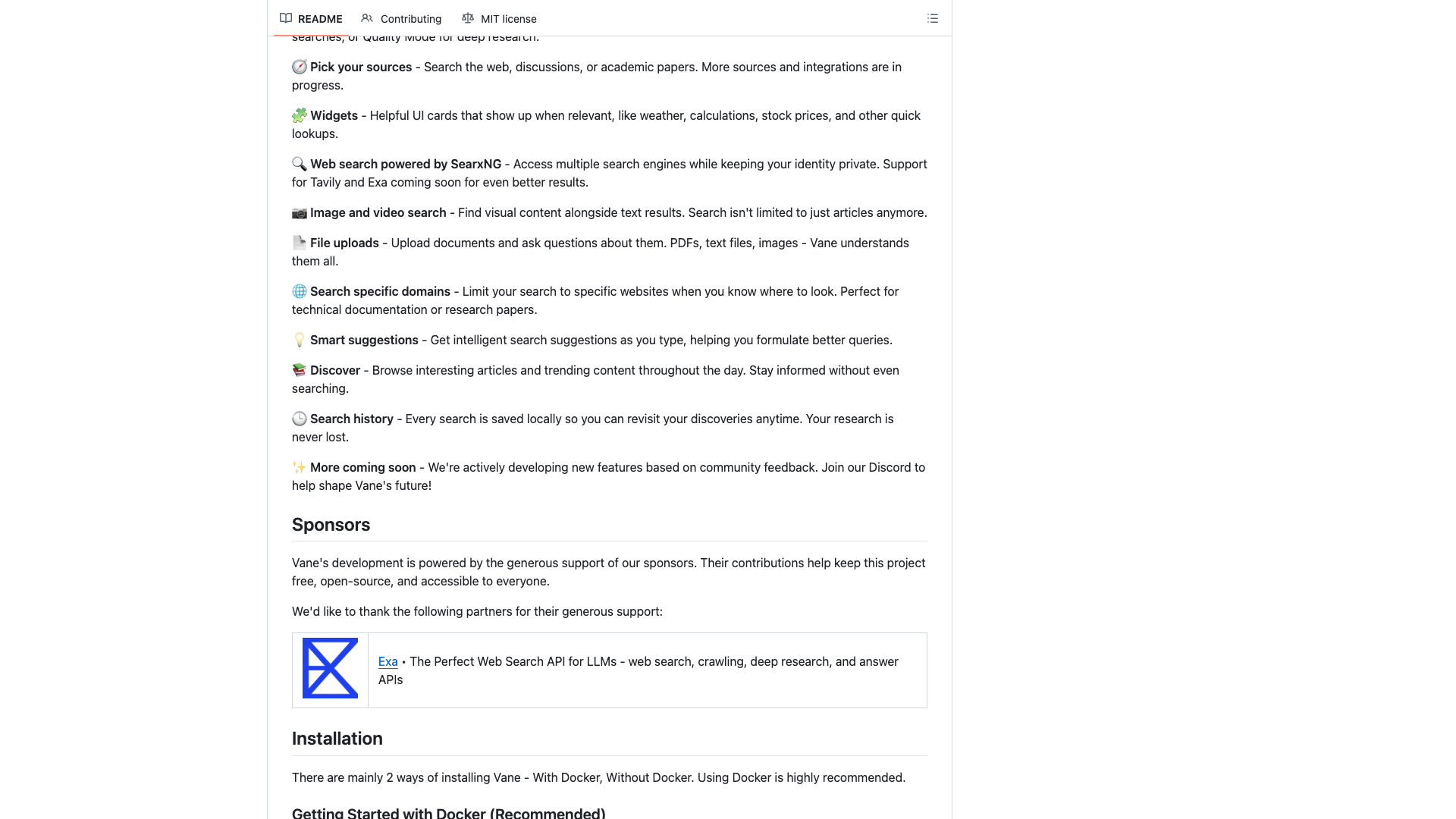 github.com/ItzCrazyKns/Vane · README 功能清单区 2026-10-05