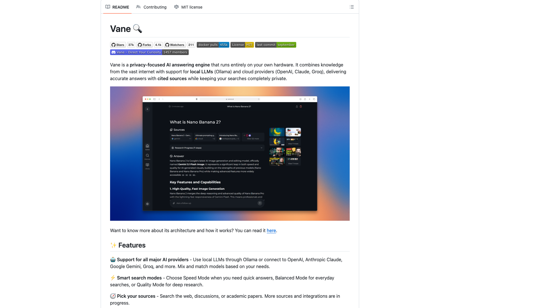 github.com/ItzCrazyKns/Vane · README 顶部与官方界面预览 2026-10-05