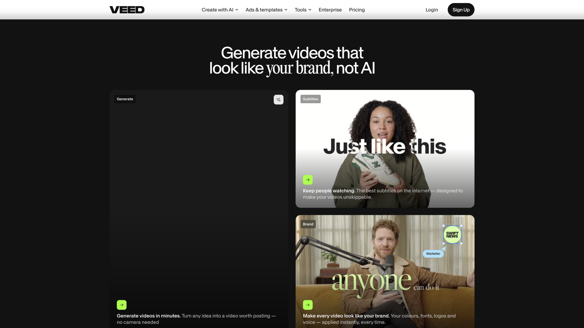 veed.io · 首页品牌化生成区(Generate/Subtitles/Brand 三卡)2026-10-02