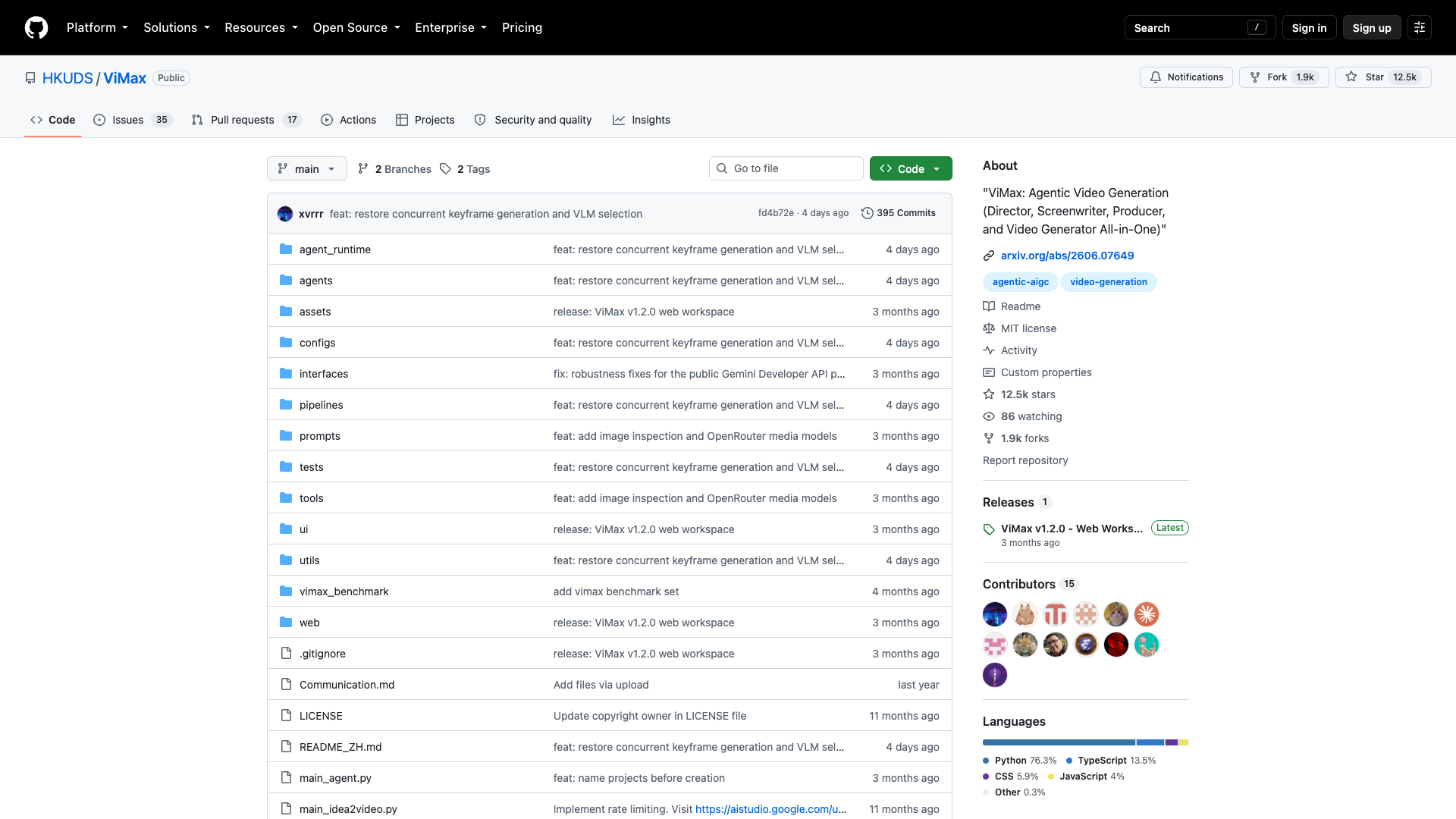 github.com/HKUDS/ViMax · 仓库页快照 2026-10-05