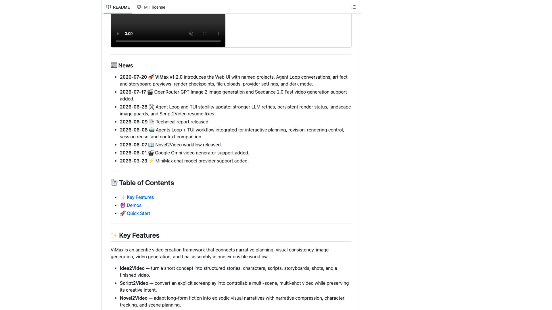 ViMax README · News 更新日志与 Key Features(顶部播放器为 GitHub 未加载状态)2026-10-05