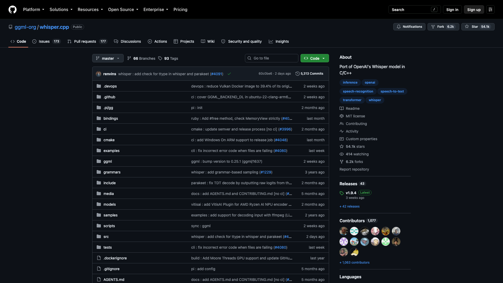 github.com · ggml-org/whisper.cpp 仓库首页快照 2026-10-05