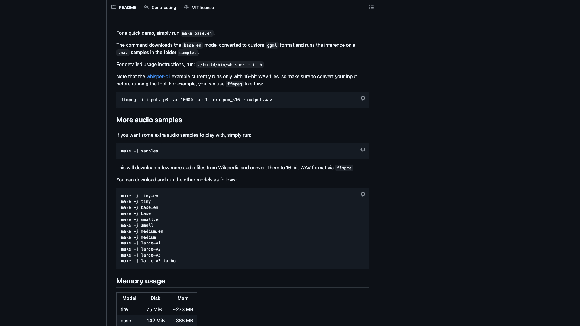 github.com · README 模型档位与 Memory usage 表 2026-10-05