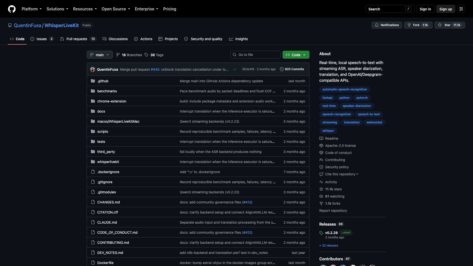 github.com · QuentinFuxa/WhisperLiveKit 仓库首页快照 2026-10-05