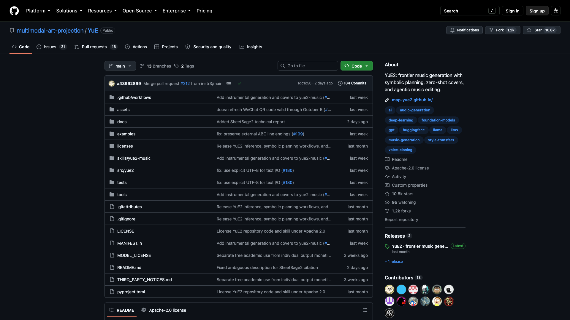 github.com/multimodal-art-projection/YuE · 仓库首页快照 2026-10-05
